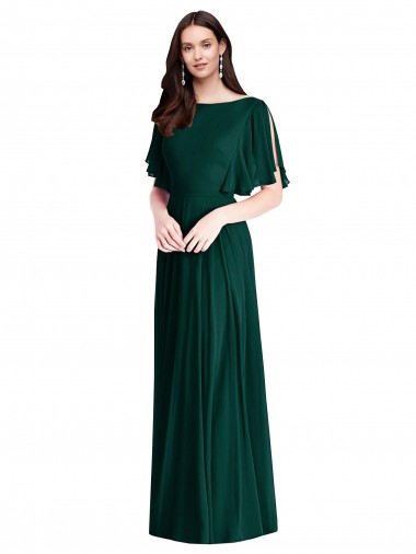 Purchase Soft Chiffon A-Line Long Bell Sleeves V-Back Semi Formal Evening Dress