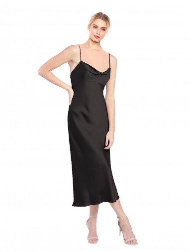 Purchase Stretch Satin A-Line Midi Length Sleeveless Low Back Black Prom Dresses