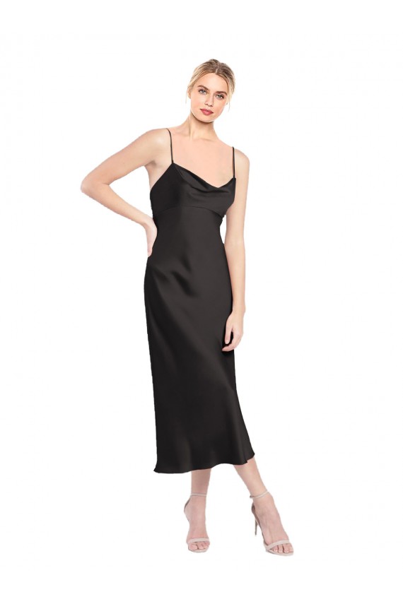 Purchase Stretch Satin A-Line Midi Length Sleeveless Low Back Black Prom Dresses