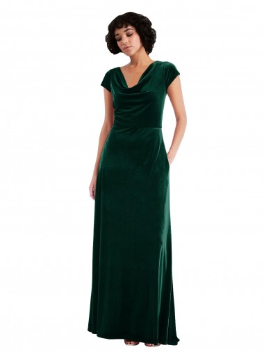 Purchase Stretch Velvet A-Line Long Cap Sleeves Black Tie Evening Dress