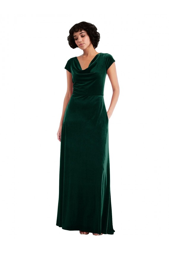 Purchase Stretch Velvet A-Line Long Cap Sleeves Black Tie Evening Dress