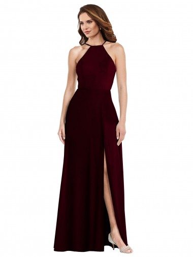 Purchase Soft Chiffon A-Line Long Sleeveless Burgundy Gold Low Back Semi Formal Evening Dress