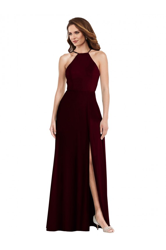 Purchase Soft Chiffon A-Line Long Sleeveless Burgundy Gold Low Back Semi Formal Evening Dress