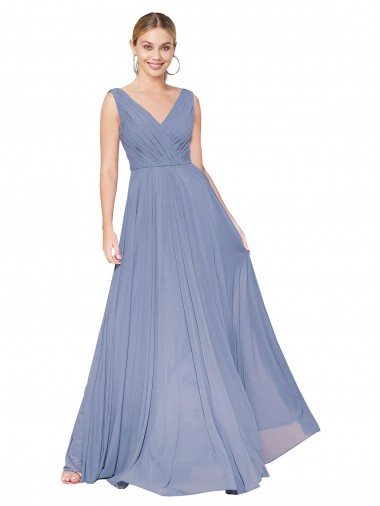 Purchase Soft Chiffon A-Line Long Sleeveless V-Back Dusty Blue Prom Dresses