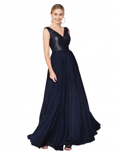 Purchase Soft Chiffon & Sequin A-Line Long Sleeveless V-Back Semi Formal Evening Dress