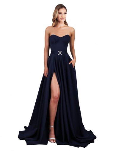 Purchase Stretch Crepe A-Line Long Sleeveless Low Back Dark Navy Prom Dresses