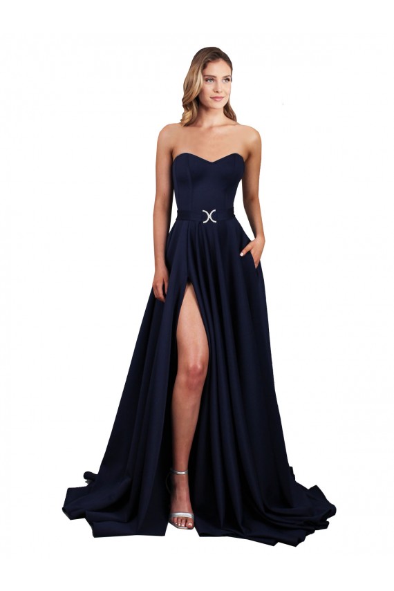 Purchase Stretch Crepe A-Line Long Sleeveless Low Back Dark Navy Prom Dresses