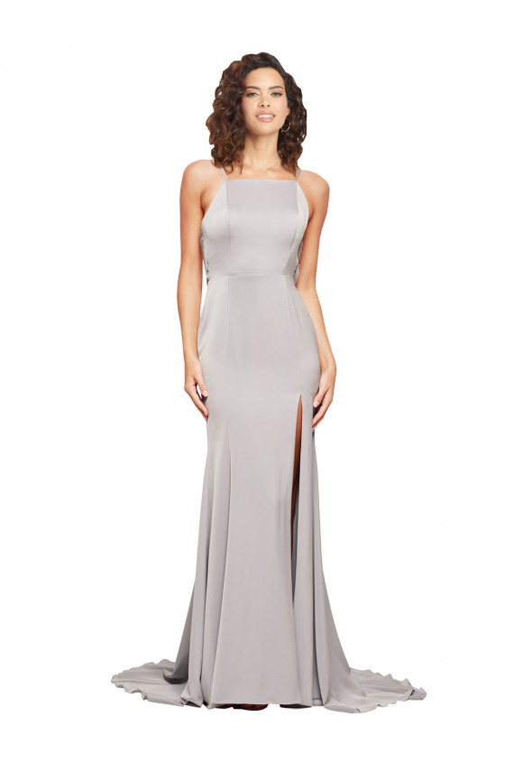 Purchase Stretch Satin A-Line Sweep Train Sleeveless Low Back Formal Evening Dress