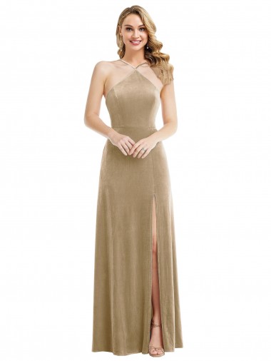 Purchase Stretch Velvet A-Line Long Sleeveless Open Back Semi Formal Evening Dress