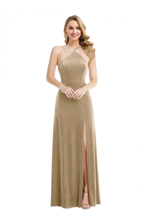 Purchase Stretch Velvet A-Line Long Sleeveless Open Back Semi Formal Evening Dress