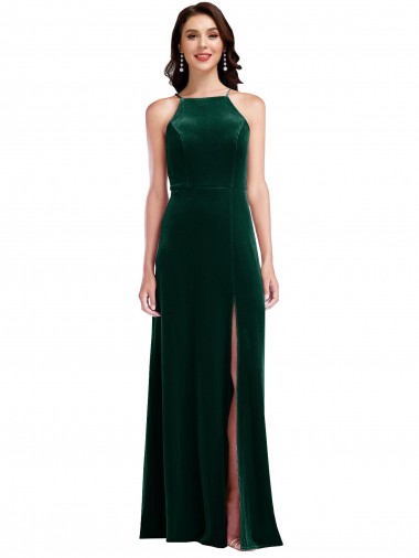 Purchase Stretch Velvet A-Line Long Sleeveless Front Slit Prom Dresses