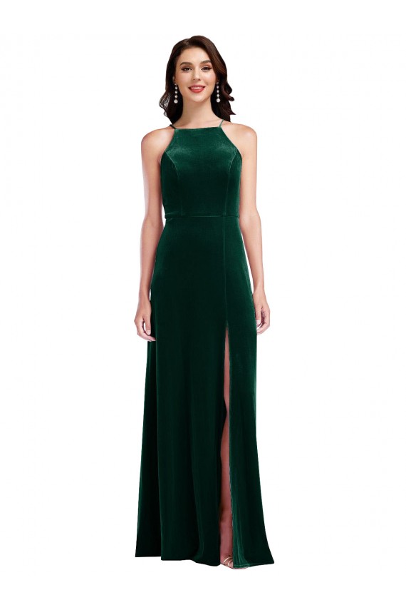 Purchase Stretch Velvet A-Line Long Sleeveless Front Slit Prom Dresses