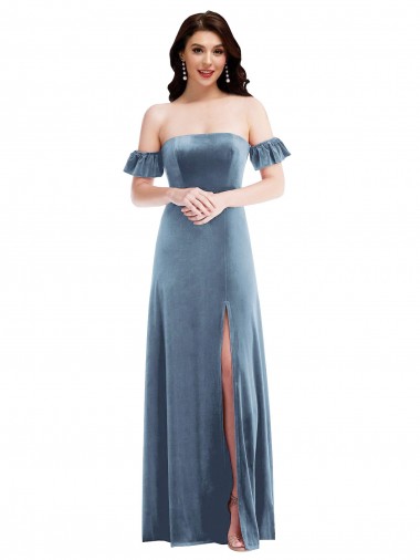 Purchase Stretch Velvet A-Line Long Ruffle Sleeves Low Back Formal Dress