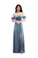 Purchase Stretch Velvet A-Line Long Ruffle Sleeves Low Back Formal Dress