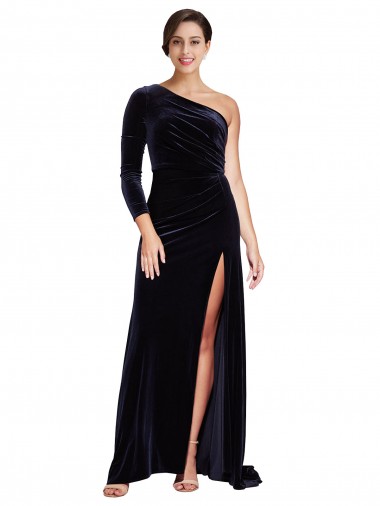 Purchase Stretch Velvet A-Line Sweep Train Long Sleeves Formal Evening Dress