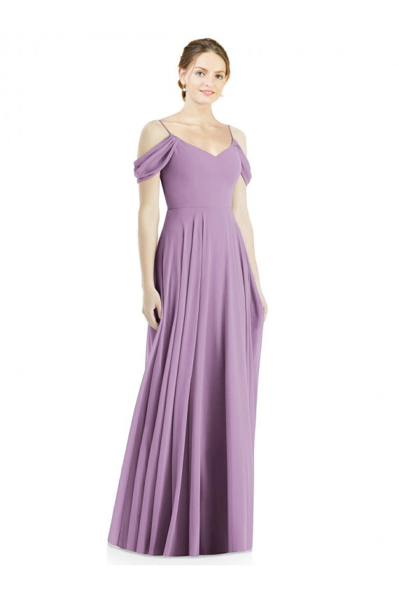 Purchase Soft Chiffon A-Line Long Sleeveless Off the Shoulder Open Back Evening Dresses