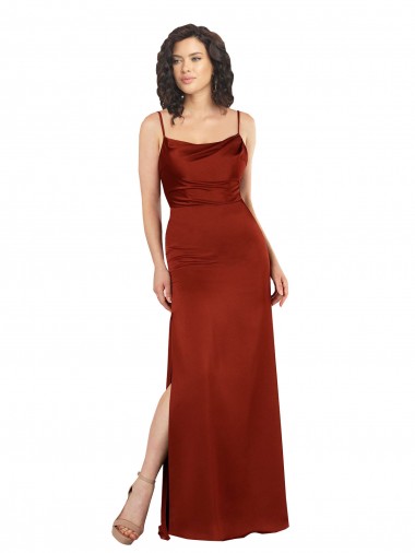 Purchase Silky Satin A-Line Long Sleeveless Low Back Skirt Slit Prom Dresses