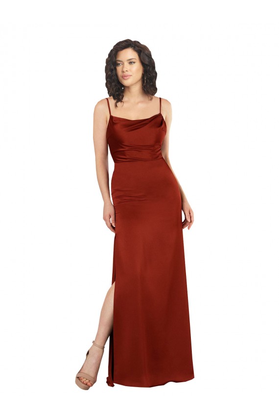 Purchase Silky Satin A-Line Long Sleeveless Low Back Skirt Slit Prom Dresses