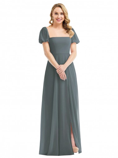 Purchase Soft Chiffon A-Line Long Puff Sleeves Semi Formal Evening Dress