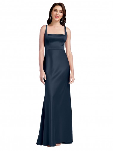 Purchase Stretch Satin A-Line Long Sleeveless Low Back Dark Navy Prom Dresses