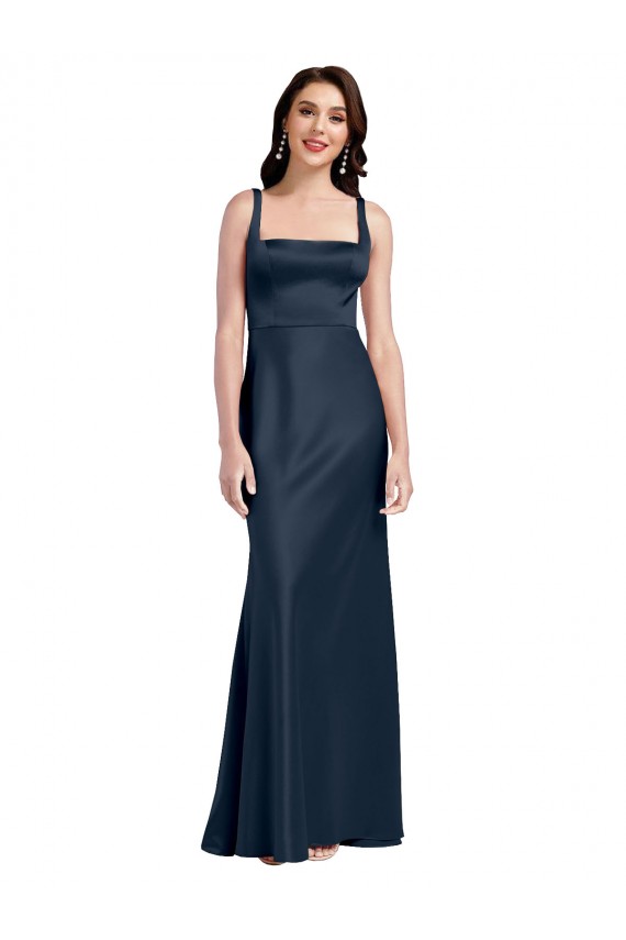 Purchase Stretch Satin A-Line Long Sleeveless Low Back Dark Navy Prom Dresses