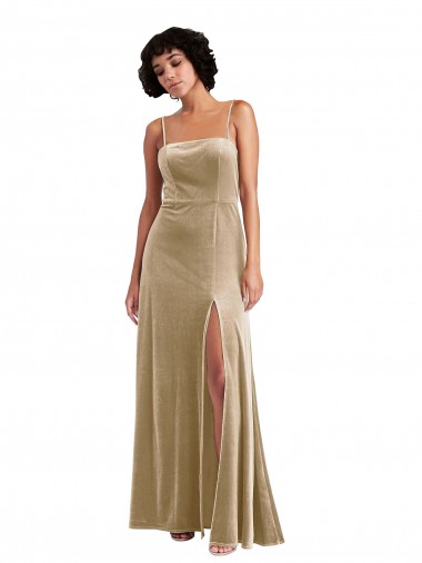 Purchase Stretch Velvet A-Line Long Sleeveless Low Back Front Slit Prom Dresses
