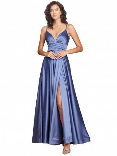 Purchase Silky Satin A-Line Long Sleeveless Low Back High Slit Prom Dresses