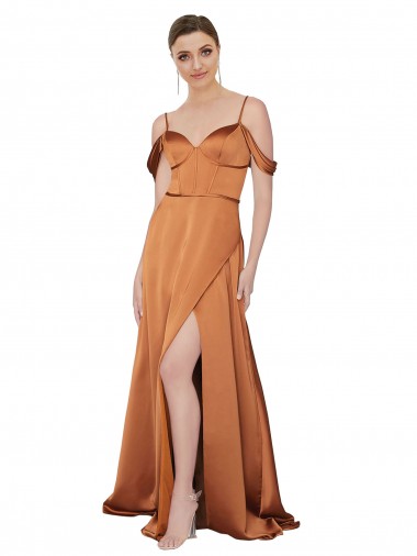 Purchase Silky Satin A-Line Long Cold Shoulder Low Back Formal Evening Dress