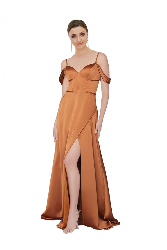 Purchase Silky Satin A-Line Long Cold Shoulder Low Back Formal Evening Dress