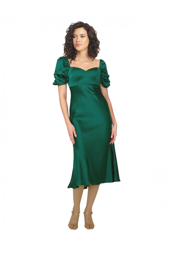 Purchase Silky Satin A-Line Midi Length Short Sleeves Low Back Formal Evening Dress