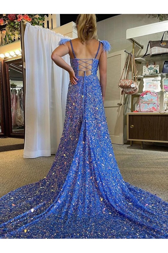 Purchase Velvet Sequin A-Line Court Train Sleeveless High Slit Evening Dress