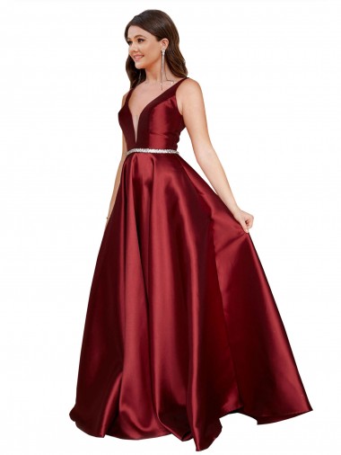 Purchase Satin A-Line Long Sleeveless V-Back Plus Size Formal Evening Dress