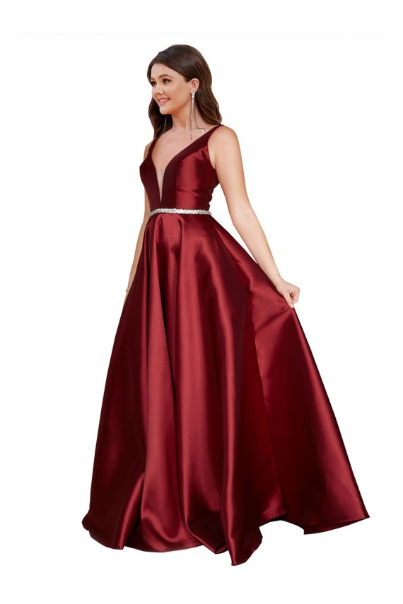 Purchase Satin A-Line Long Sleeveless V-Back Plus Size Formal Evening Dress