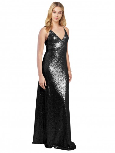 Purchase Sequin A-Line Long Sleeveless V-Back Formal Evening Dress