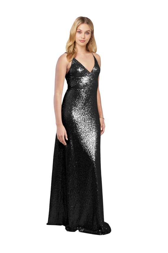 Purchase Sequin A-Line Long Sleeveless V-Back Formal Evening Dress
