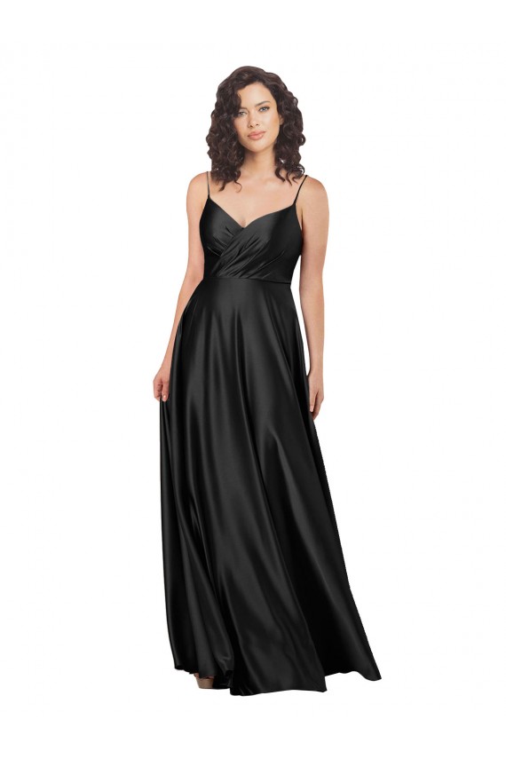 Purchase Silky Satin A-Line Long Sleeveless V-Neck Low Back Prom Dresses