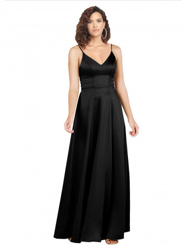 Purchase Silky Satin A-Line Long Sleeveless V-Back Black Prom Dresses