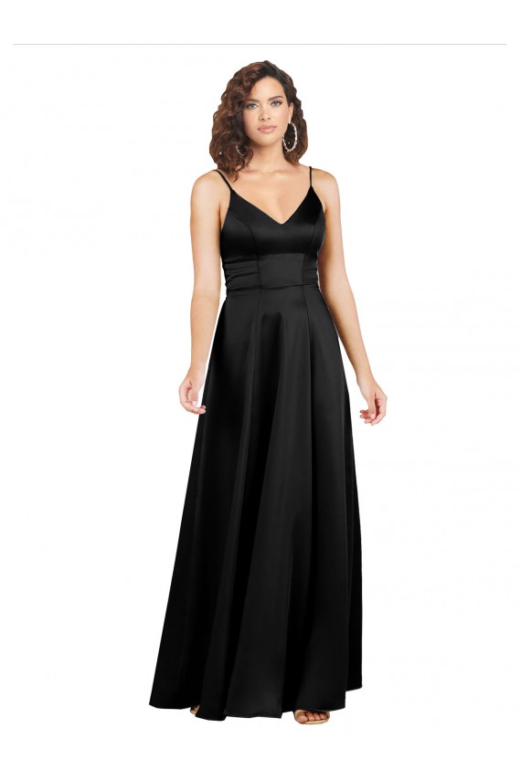 Purchase Silky Satin A-Line Long Sleeveless V-Back Black Prom Dresses