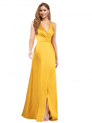 Purchase Silky Satin A-Line Long Sleeveless Open Back Front Slit Formal Dress