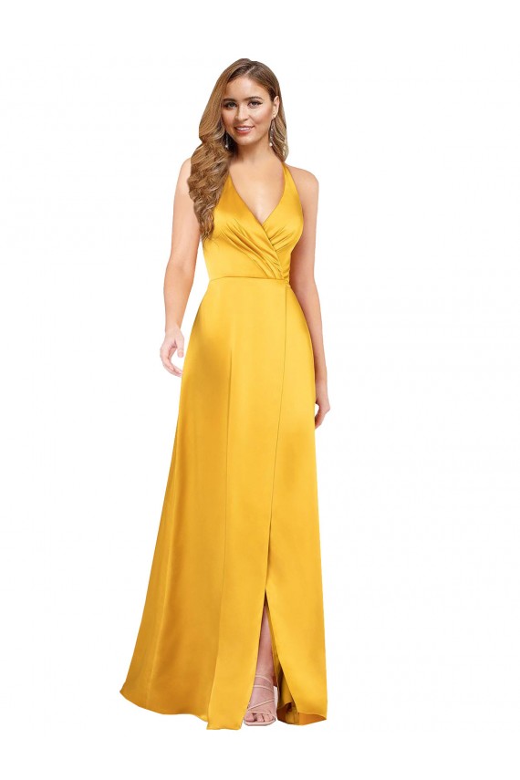 Purchase Silky Satin A-Line Long Sleeveless Open Back Front Slit Formal Dress