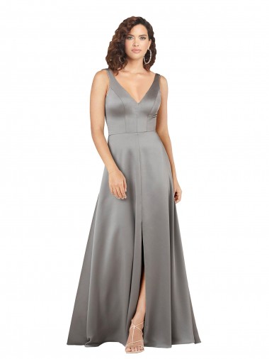 Purchase Silky Satin A-Line Long Sleeveless Pearl Grey Formal Evening Dress
