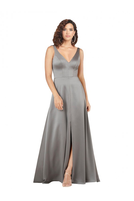 Purchase Silky Satin A-Line Long Sleeveless Pearl Grey Formal Evening Dress