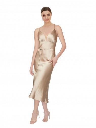 Purchase Silky Satin A-Line Midi Length Sleeveless Formal Evening Dress