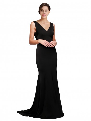 Purchase Silky Satin A-Line Sweep Train Sleeveless Low Back Black Prom Dresses