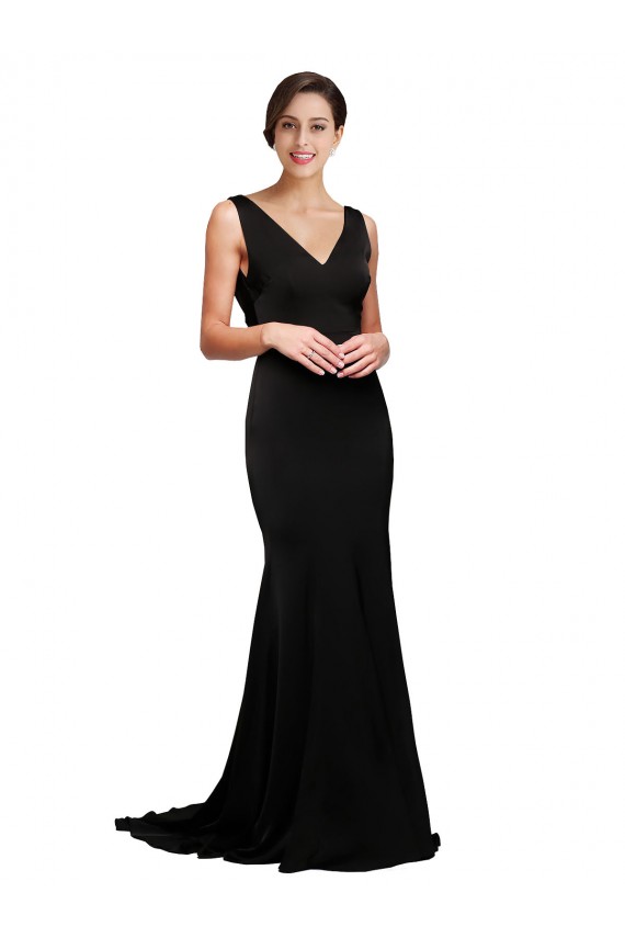 Purchase Silky Satin A-Line Sweep Train Sleeveless Low Back Black Prom Dresses