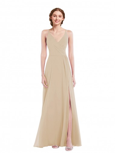 Purchase Soft Chiffon A-Line Long Sleeveless Criss Cross Back Champagne Evening Dresses