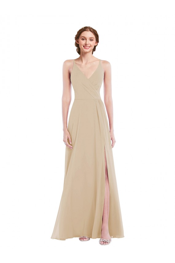 Purchase Soft Chiffon A-Line Long Sleeveless Criss Cross Back Champagne Evening Dresses