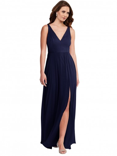 Purchase Soft Chiffon A-Line Long Sleeveless V-Back Front Slit Evening Dresses