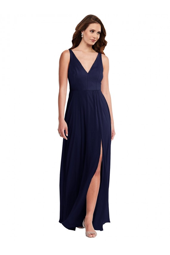 Purchase Soft Chiffon A-Line Long Sleeveless V-Back Front Slit Evening Dresses