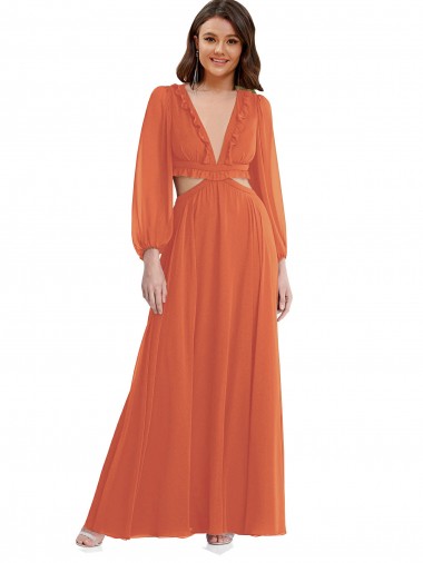 Purchase Soft Chiffon A-Line Long Long Sleeves Open Back High Low Evening Dress